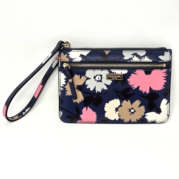 KATE SPADE SHORE STREET GALA FLORAL TINIE WRISTLET WALLET NAVY BLUE PINK FLOWERS - Picture 1 of 11
